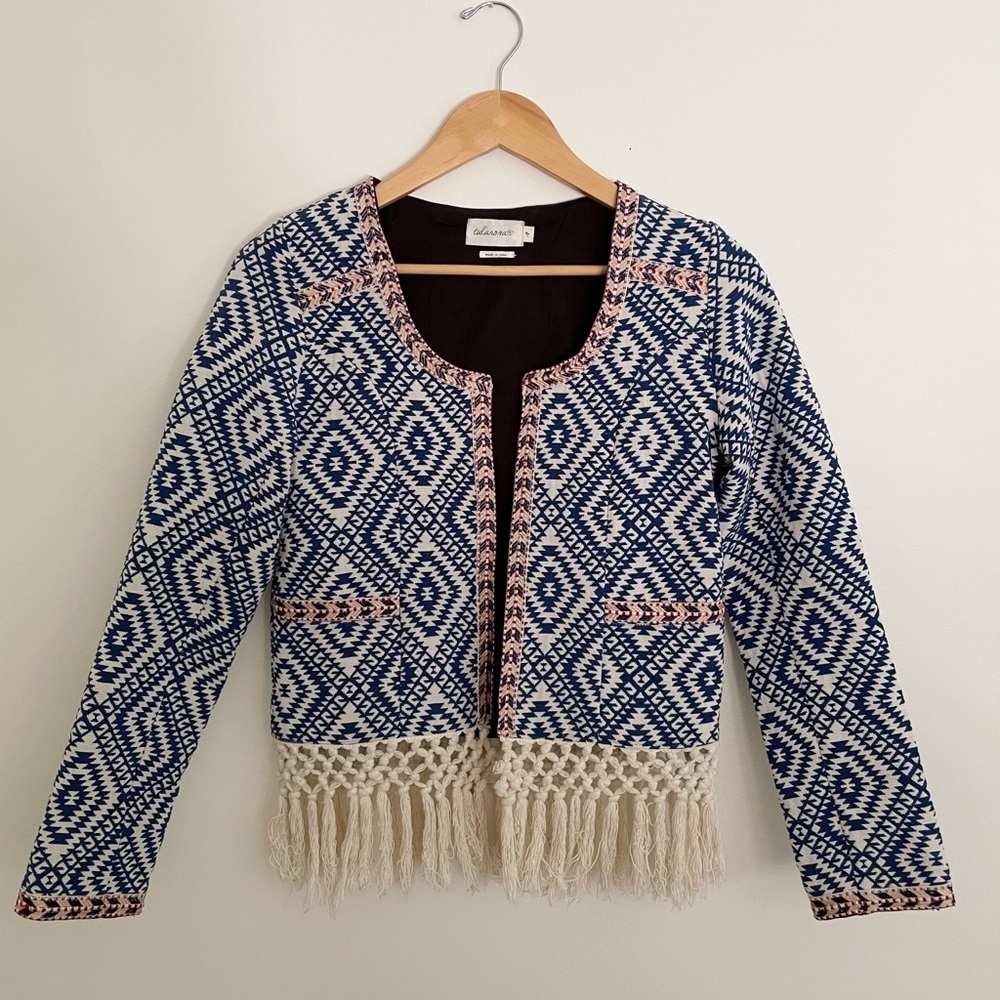 Tularosa Blue and Cream Fringe Aztec Cropped Blazer